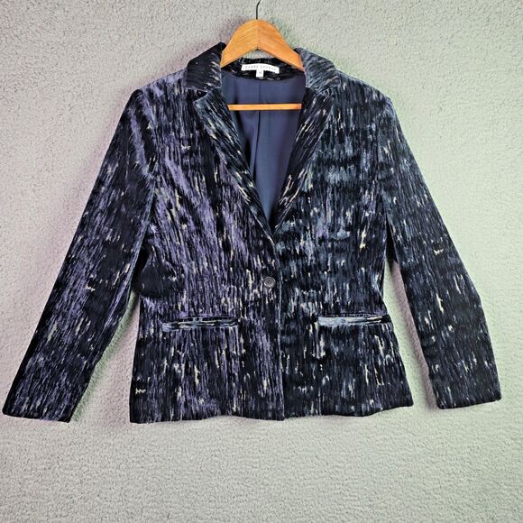 Donna Degnan Textured Woven Blazer Navy Black One Button Size 10 - Picture 13 of 16